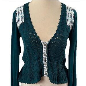 Vintage teal and white crochet cardigan ruffle bottom small Free People